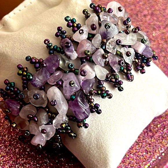 Genuine Amethyst and Borealis Seed Beaded Adjustable Cuff Bracelet - Picture 2 of 9